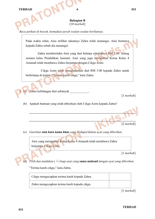 Pratonton muka 6 lembaran UASA Bahasa Melayu — Bahasa Melayu Tahun 4
