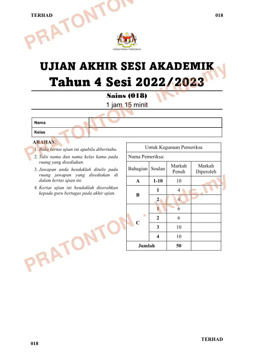 Pratonton muka 1 lembaran UASA Sains — Sains Tahun 4