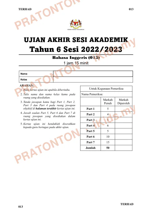 Pratonton muka 1 lembaran Ujian Akhir Sesi Akademik 2022/2023 — Bahasa Inggeris Tahun 6 — Bahasa Inggeris Tahun 6