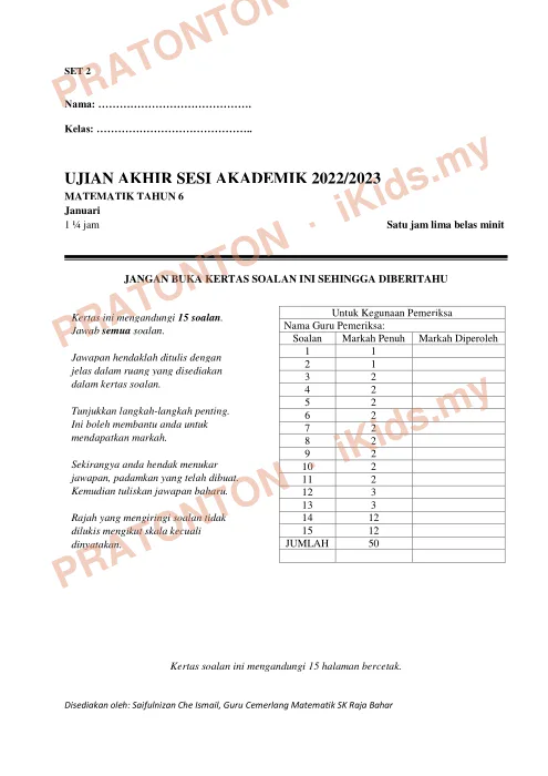 Pratonton muka 1 lembaran Ujian Akhir Sesi Akademik 2022/2023 — Matematik Tahun 6 (Set 2, Versi A) — Matematik Tahun 6