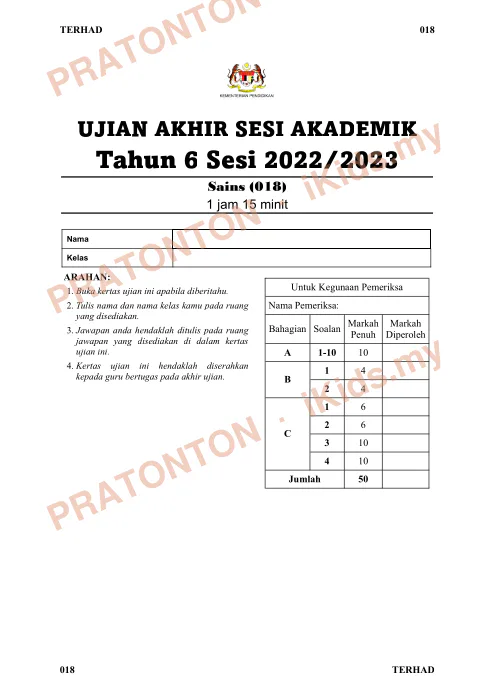 Pratonton muka 1 lembaran Ujian Akhir Sesi Akademik 2022/2023 — Sains Tahun 6 (Set 2) — Sains Tahun 6
