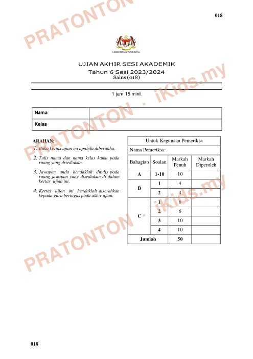 Pratonton muka 1 lembaran Ujian Akhir Sesi Akademik 2023/2024 — Sains Tahun 6 — Sains Tahun 6