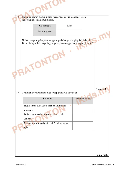 Pratonton muka 6 lembaran Ujian Akhir Sesi Akademik 2024/2025 — Matematik Tahun 6 (Set 1) — Matematik Tahun 6