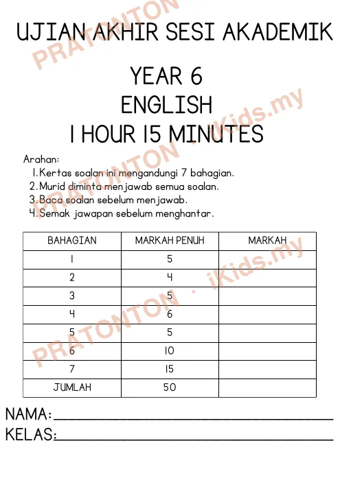 Pratonton muka 1 lembaran Ujian Akhir Sesi Akademik — Bahasa Inggeris Tahun 6 — Bahasa Inggeris Tahun 6