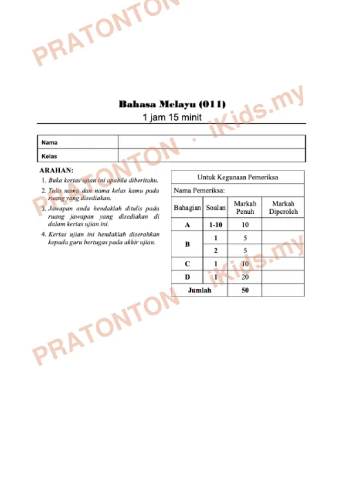 Pratonton muka 1 lembaran Ujian Akhir Sesi Akademik — Bahasa Melayu Tahun 6 — Bahasa Melayu Tahun 6
