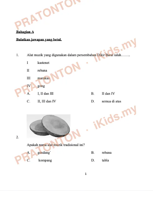 Pratonton muka 1 lembaran Ujian Akhir Sesi Akademik — Pendidikan Muzik Tahun 6 — Pendidikan Kesenian Tahun 6