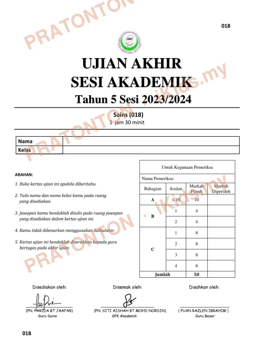 Pratonton muka 1 lembaran Ujian Akhir Sesi Akademik — Sains Tahun 5 — Sains Tahun 5