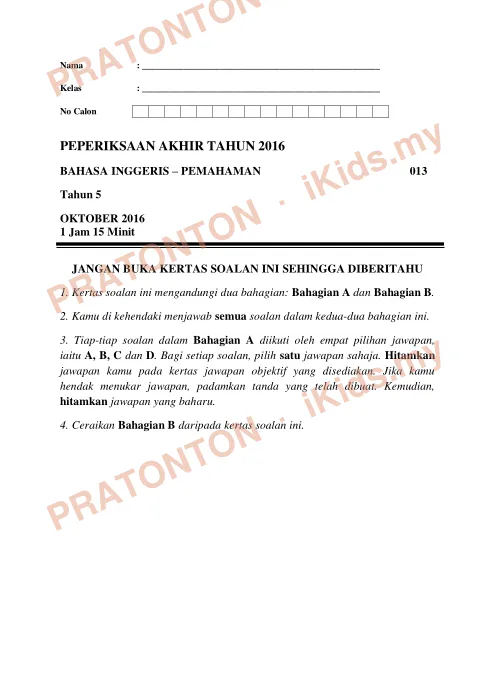 Pratonton muka 1 lembaran Ujian Akhir Tahun KSSR — Bahasa Inggeris Tahun 5 Pemahaman (Set 1) — Bahasa Inggeris Tahun 5