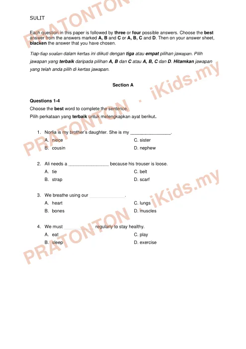 Pratonton muka 1 lembaran Ujian Akhir Tahun KSSR — Bahasa Inggeris Tahun 5 Pemahaman (Set 2) — Bahasa Inggeris Tahun 5