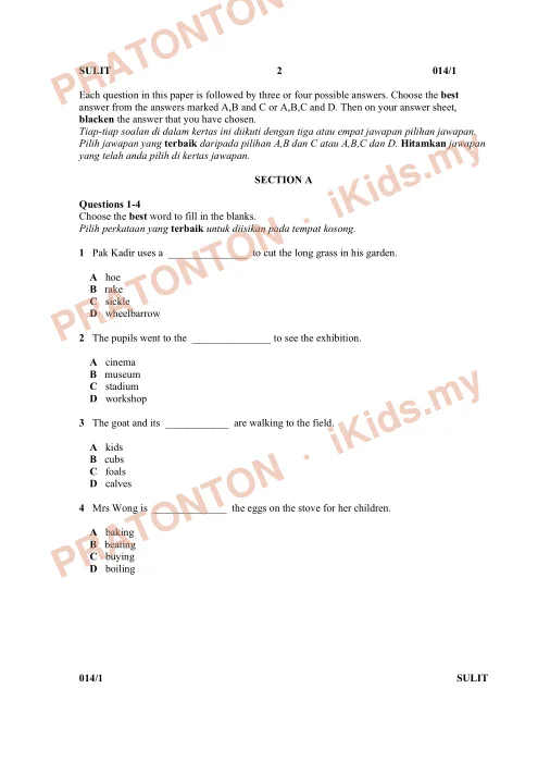 Pratonton muka 1 lembaran Ujian Akhir Tahun KSSR — Bahasa Inggeris Tahun 5 Pemahaman (Set 4) — Bahasa Inggeris Tahun 5