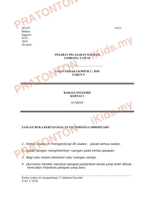 Pratonton muka 1 lembaran Ujian Akhir Tahun KSSR — Bahasa Inggeris Tahun 5 Pemahaman (Set 5) — Bahasa Inggeris Tahun 5