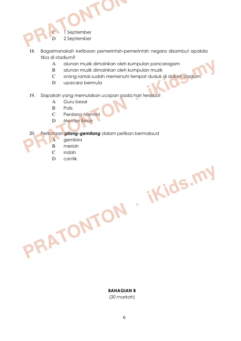 Pratonton muka 6 lembaran Ujian Akhir Tahun KSSR — Bahasa Melayu Tahun 5 Pemahaman (Set 3) — Bahasa Melayu Tahun 5