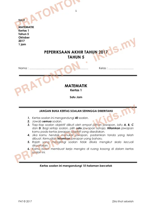 Pratonton muka 1 lembaran Ujian Akhir Tahun KSSR — Matematik Tahun 5 Kertas 1 (Set 3) — Matematik Tahun 5
