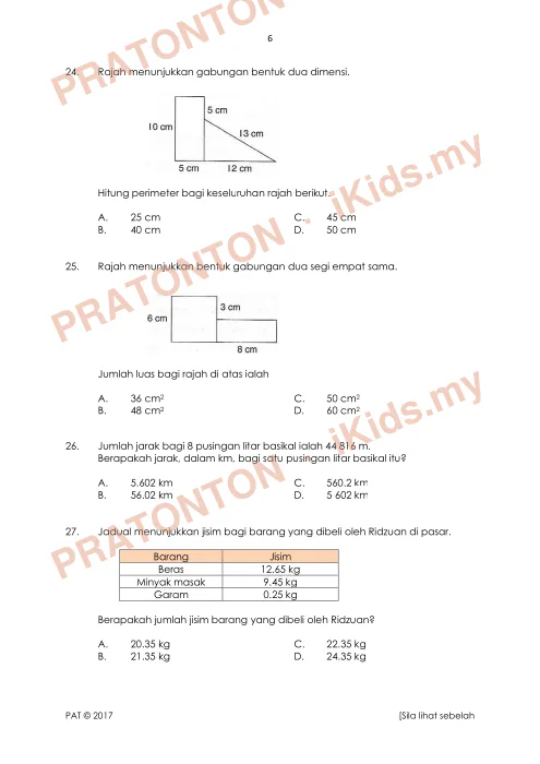 Pratonton muka 6 lembaran Ujian Akhir Tahun KSSR — Matematik Tahun 5 Kertas 1 (Set 3) — Matematik Tahun 5