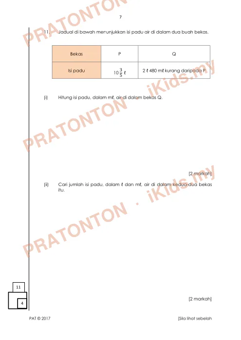 Pratonton muka 7 lembaran Ujian Akhir Tahun KSSR — Matematik Tahun 5 Kertas 2 (Set 1, Versi A) — Matematik Tahun 5