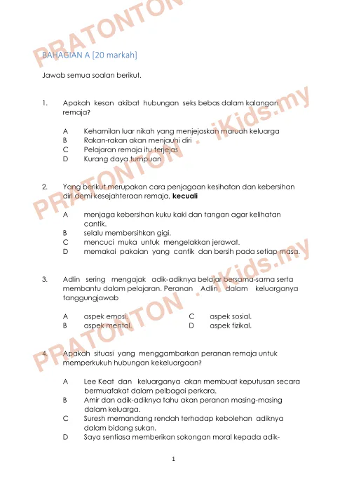 Pratonton muka 1 lembaran Ujian Akhir Tahun KSSR — Pendidikan Kesihatan Tahun 6 (Set 1, Versi A) — Pendidikan Kesihatan Tahun 6