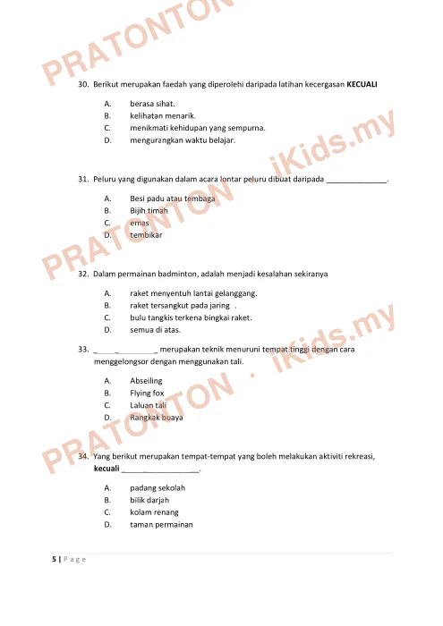 Pratonton muka 5 lembaran Ujian Akhir Tahun KSSR — Pendidikan Kesihatan Tahun 6 (Set 2) — Pendidikan Kesihatan Tahun 6