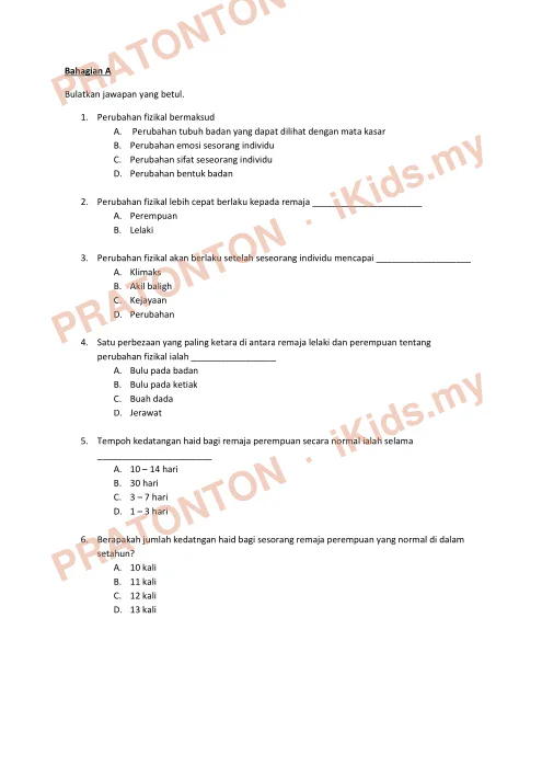 Pratonton muka 1 lembaran Ujian Akhir Tahun KSSR — Pendidikan Kesihatan Tahun 6 (Set 3) — Pendidikan Kesihatan Tahun 6