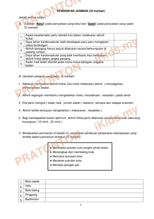 Pratonton muka 1 lembaran Ujian Akhir Tahun KSSR — Pendidikan Kesihatan Tahun 6 (Set 4) — Pendidikan Kesihatan Tahun 6