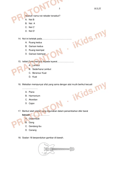 Pratonton muka 4 lembaran Ujian Akhir Tahun KSSR — Pendidikan Muzik Tahun 5 (Set 2) — Pendidikan Kesenian Tahun 5
