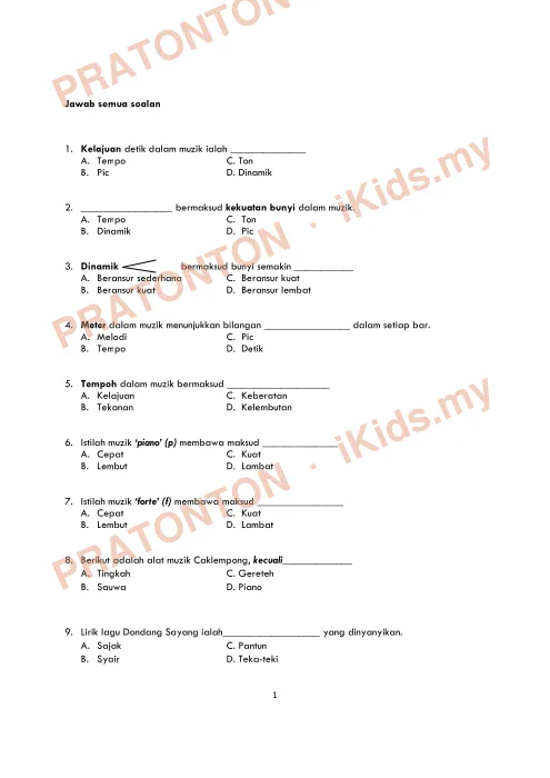 Pratonton muka 1 lembaran Ujian Akhir Tahun KSSR — Pendidikan Muzik Tahun 5 (Set 4) — Pendidikan Kesenian Tahun 5