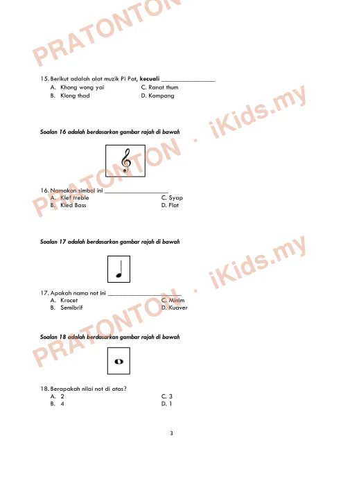 Pratonton muka 3 lembaran Ujian Akhir Tahun KSSR — Pendidikan Muzik Tahun 5 (Set 4) — Pendidikan Kesenian Tahun 5