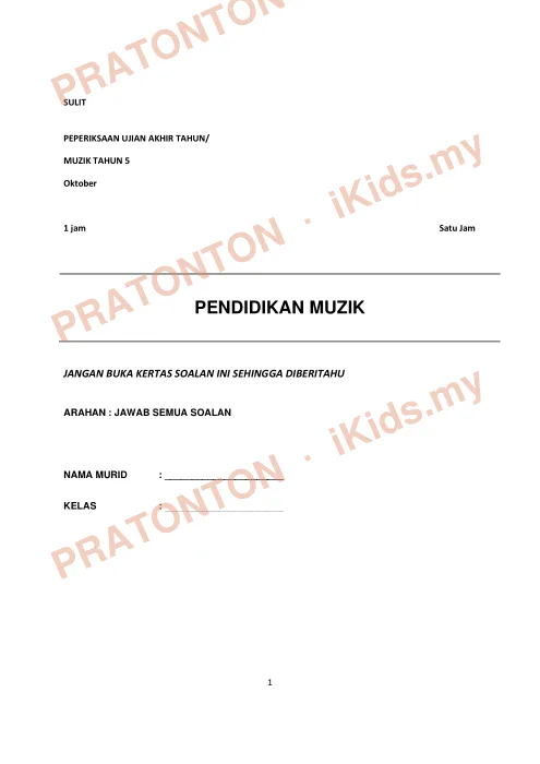 Pratonton muka 1 lembaran Ujian Akhir Tahun KSSR — Pendidikan Muzik Tahun 5 (Set 5) — Pendidikan Kesenian Tahun 5