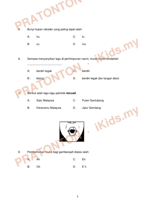 Pratonton muka 3 lembaran Ujian Akhir Tahun KSSR — Pendidikan Muzik Tahun 5 (Set 5) — Pendidikan Kesenian Tahun 5