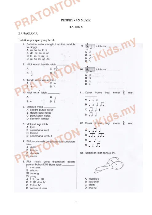 Pratonton muka 1 lembaran Ujian Akhir Tahun KSSR — Pendidikan Muzik Tahun 6 (Set 1) — Pendidikan Kesenian Tahun 6