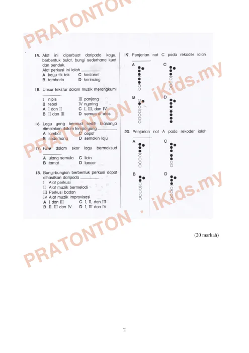 Pratonton muka 2 lembaran Ujian Akhir Tahun KSSR — Pendidikan Muzik Tahun 6 (Set 1) — Pendidikan Kesenian Tahun 6