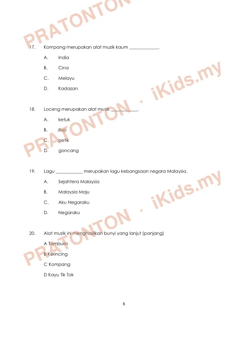 Pratonton muka 6 lembaran Ujian Akhir Tahun KSSR — Pendidikan Muzik Tahun 6 (Set 2) — Pendidikan Kesenian Tahun 6