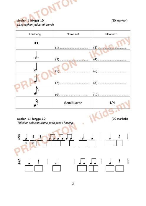 Pratonton muka 1 lembaran Ujian Akhir Tahun KSSR — Pendidikan Muzik Tahun 6 (Set 4, Versi A) — Pendidikan Kesenian Tahun 6