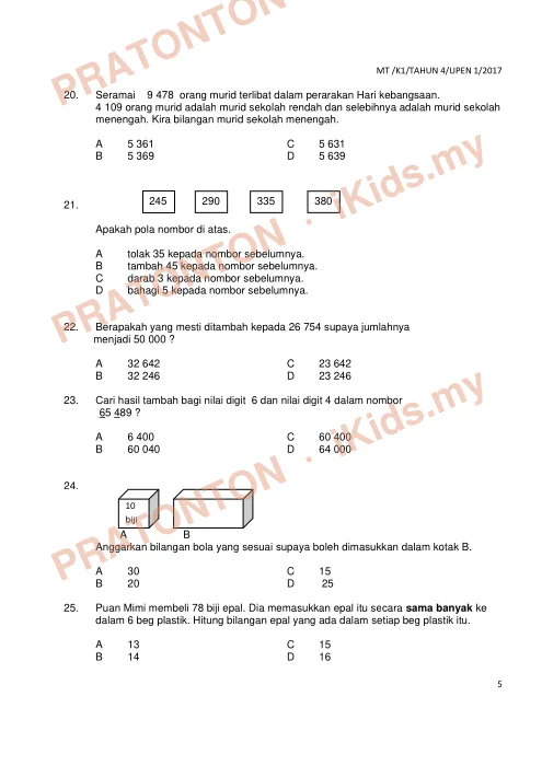 Pratonton muka 4 lembaran Ujian Akhir Tahun KSSR Tahun 4 Matematik Kertas1 Set1 (2) — Matematik Tahun 4