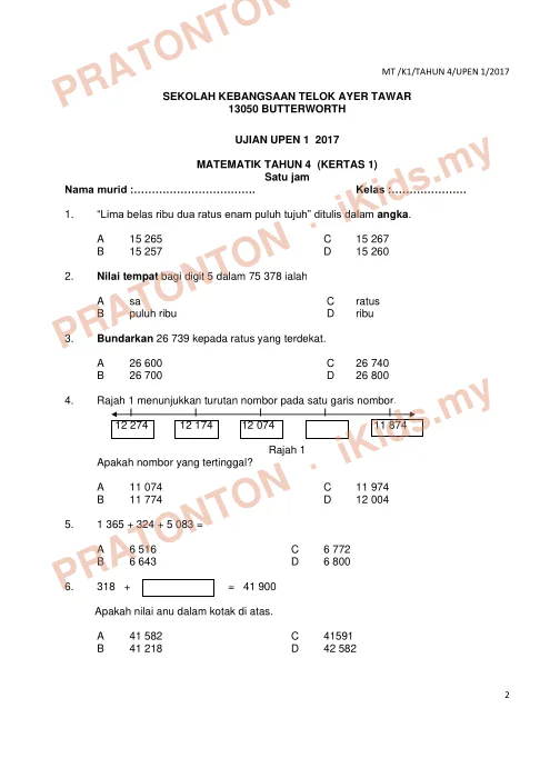 Pratonton muka 1 lembaran Ujian Akhir Tahun KSSR Tahun 4 Matematik Kertas1 Set1 — Matematik Tahun 4