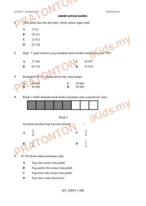 Pratonton muka 1 lembaran Ujian Akhir Tahun KSSR Tahun 4 Matematik Kertas1 Set2 (2) — Matematik Tahun 4