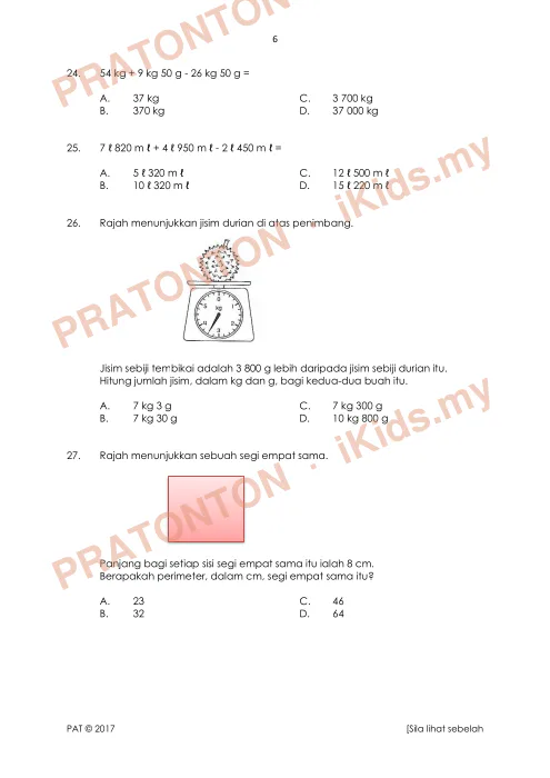 Pratonton muka 6 lembaran Ujian Akhir Tahun KSSR Tahun 4 Matematik Kertas1 Set3 — Matematik Tahun 4