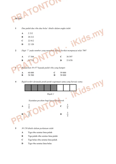 Pratonton muka 1 lembaran Ujian Akhir Tahun KSSR Tahun 4 Matematik Kertas1 Set4 (2) — Matematik Tahun 4