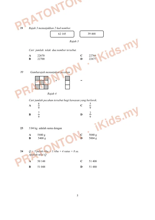 Pratonton muka 5 lembaran Ujian Akhir Tahun KSSR Tahun 4 Matematik Kertas1 Set4 (2) — Matematik Tahun 4