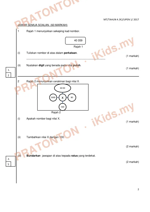 Pratonton muka 1 lembaran Ujian Akhir Tahun KSSR Tahun 4 Matematik Kertas2 Set1 (2) — Matematik Tahun 4