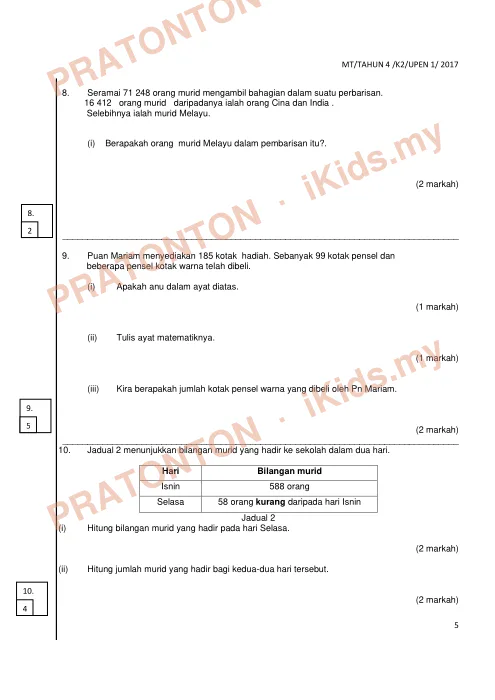 Pratonton muka 4 lembaran Ujian Akhir Tahun KSSR Tahun 4 Matematik Kertas2 Set1 (2) — Matematik Tahun 4