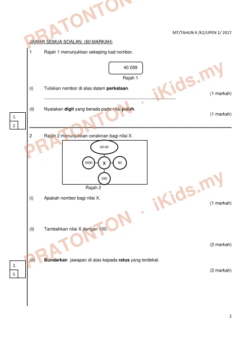 Pratonton muka 1 lembaran Ujian Akhir Tahun KSSR Tahun 4 Matematik Kertas2 Set1 — Matematik Tahun 4