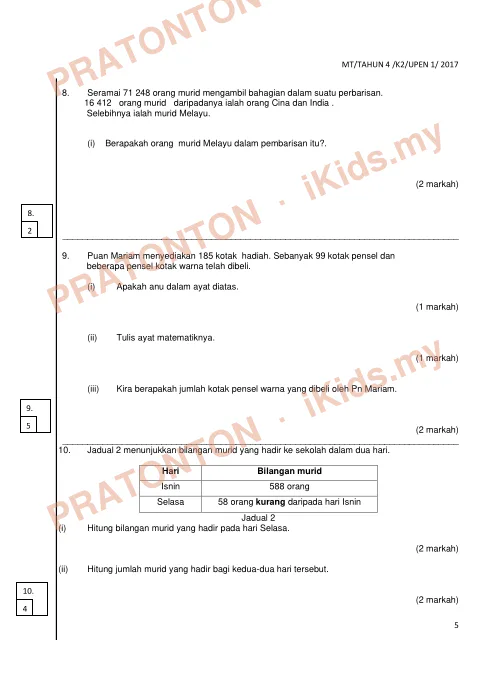 Pratonton muka 4 lembaran Ujian Akhir Tahun KSSR Tahun 4 Matematik Kertas2 Set1 — Matematik Tahun 4