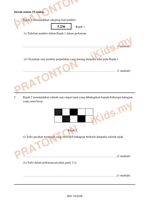 Pratonton muka 1 lembaran Ujian Akhir Tahun KSSR Tahun 4 Matematik Kertas2 Set2 — Matematik Tahun 4
