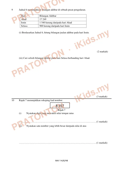 Pratonton muka 5 lembaran Ujian Akhir Tahun KSSR Tahun 4 Matematik Kertas2 Set2 — Matematik Tahun 4