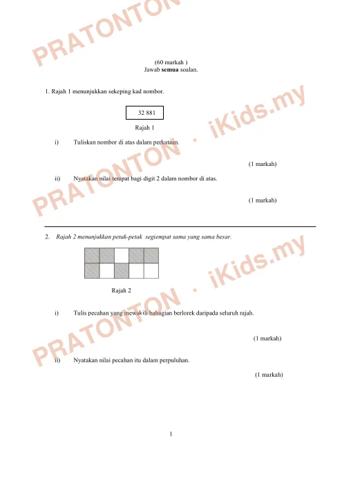 Pratonton muka 1 lembaran Ujian Akhir Tahun KSSR Tahun 4 Matematik Kertas2 Set3 — Matematik Tahun 4