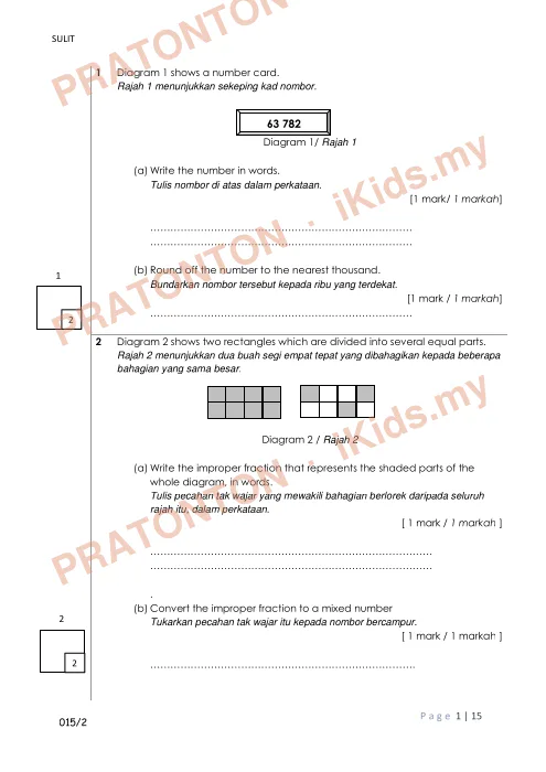Pratonton muka 1 lembaran Ujian Akhir Tahun KSSR Tahun 4 Matematik Kertas2 Set4 (2) — Matematik Tahun 4