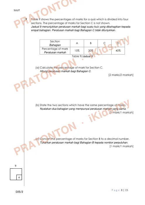 Pratonton muka 8 lembaran Ujian Akhir Tahun KSSR Tahun 4 Matematik Kertas2 Set4 — Matematik Tahun 4