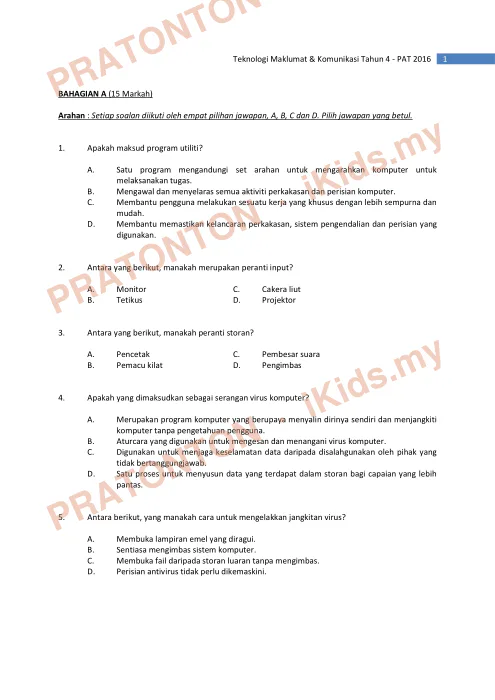 Pratonton muka 1 lembaran Ujian Akhir Tahun KSSR Tahun 4 TMK Set2 — Matematik Tahun 4