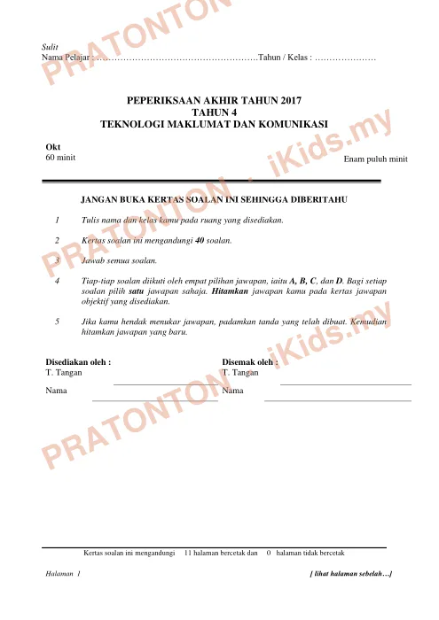 Pratonton muka 1 lembaran Ujian Akhir Tahun KSSR Tahun 4 TMK Set4 — Matematik Tahun 4