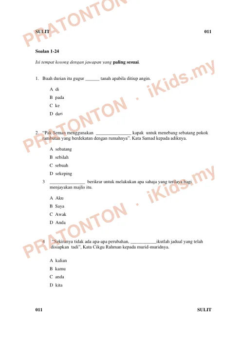 Pratonton muka 1 lembaran Ujian Akhir Tahun (Pemahaman) — Bahasa Melayu Tahun 4